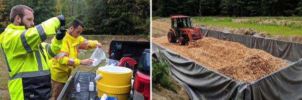 Photos: Kathleen Suozzo Two people in neon jackets working with chemical test kit on bed of pick up truck and tractor spreading wood chips